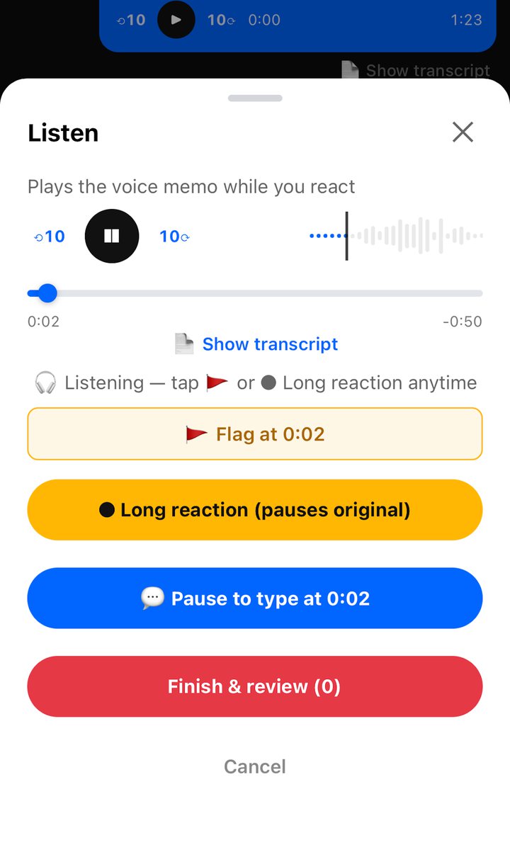 The Listen screen in HarkLo, with buttons to flag a moment, record a long reaction, or pause to type