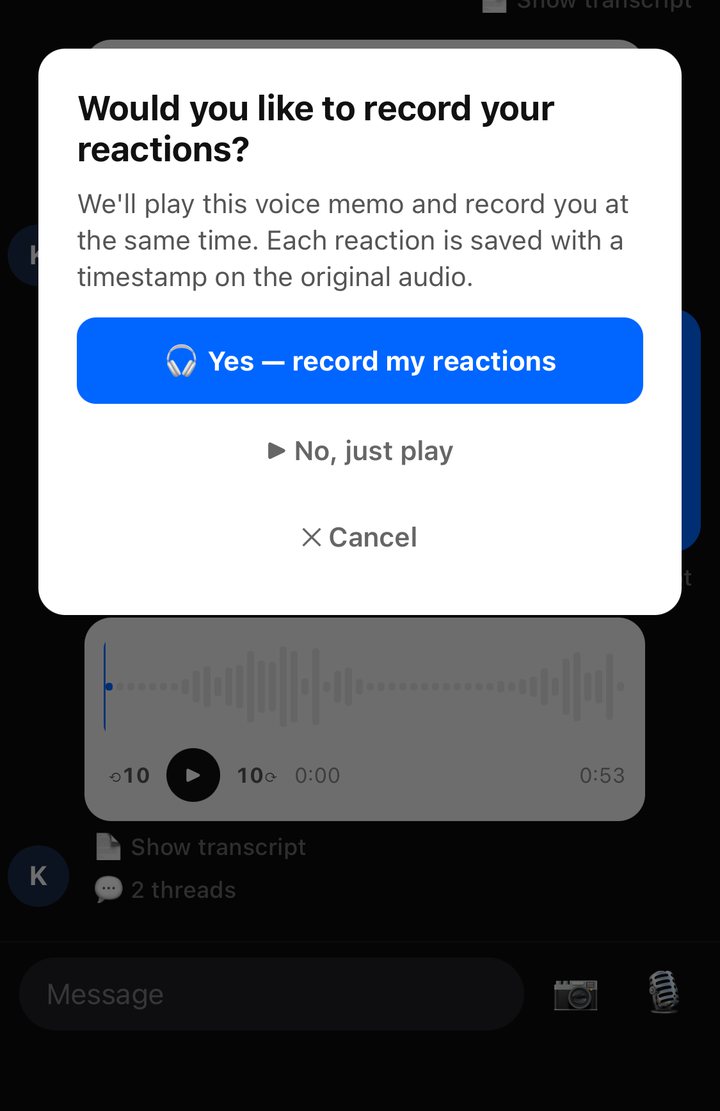 HarkLo asking whether to record reactions while a voice memo plays